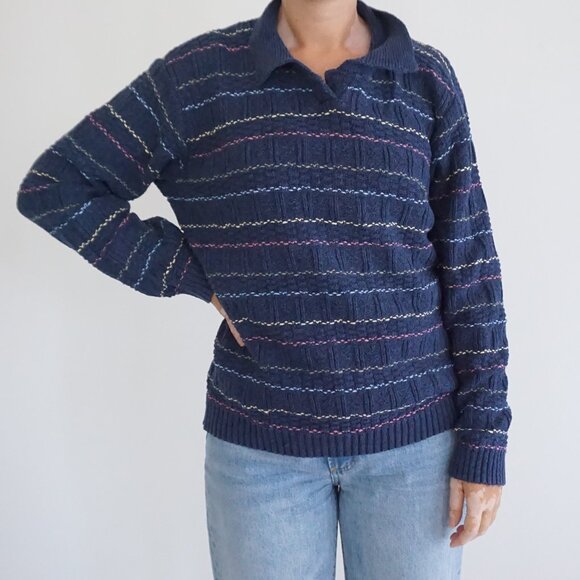 Vintage Northern Reflections Navy Stripe Knit Collared Cottagcore Sweater M - Picture 1 of 9